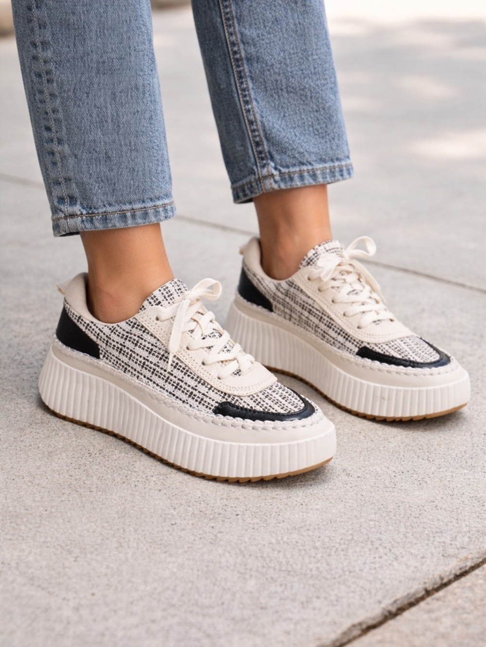 Dolce Vita Cream and Black Woven Platform Sneakers